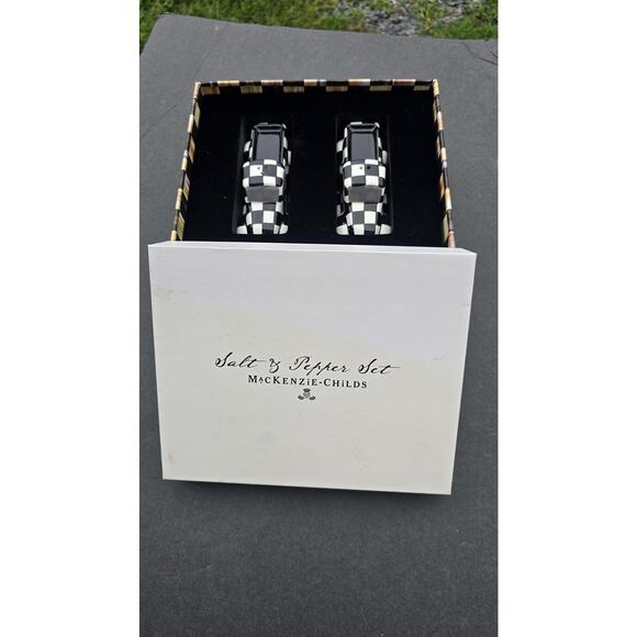 MacKenzie-Childs Courtly Truck Salt Pepper Shaker Set Checkered New in Box NIB